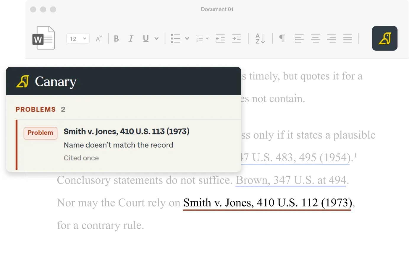 A brief open in Word with Canary's panel over it, flagging one problem: the citation Smith v. Jones, 410 U.S. 113 (1973), whose name doesn't match the record