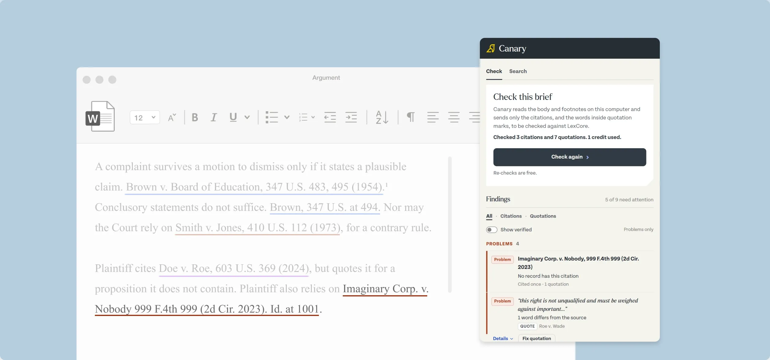 A brief in Word beside Canary’s findings, with two problems flagged