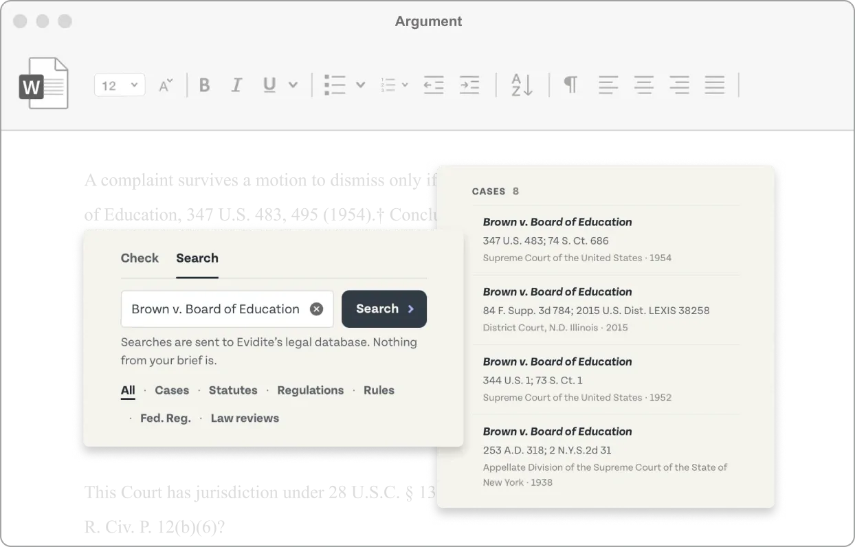 Canary's Search tab over a brief in Word: a search for Brown v. Board of Education and the matching cases