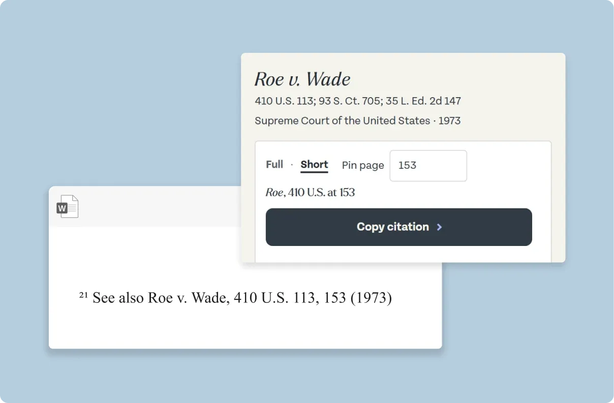 Roe v. Wade looked up in Canary, with a short-form citation ready to copy into a footnote