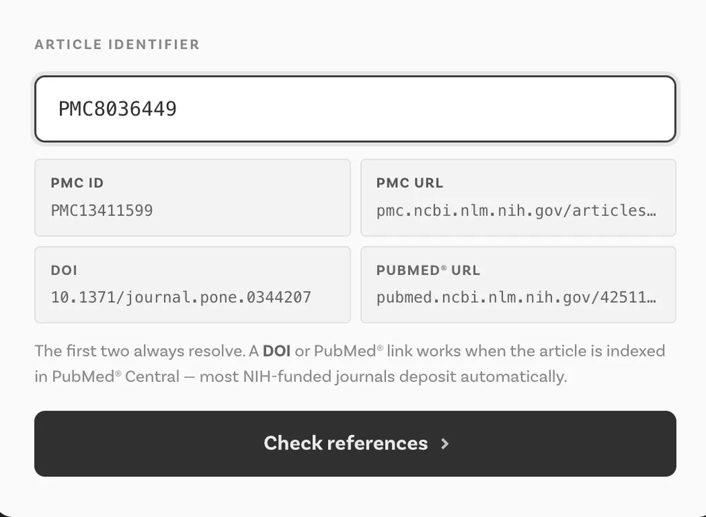 Folio's article identifier form, with PMC ID, PMC URL, DOI and PubMed URL fields